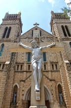 Jesus on the cross in front of a church 
