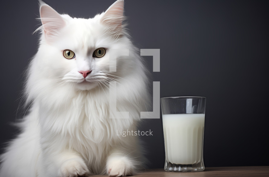 White cat seated in a studio, encircled by professional lighting equipment with a glass of milk beside it