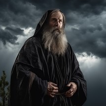 An elderly priest in a black robe stands under a turbulent sky, symbolizing unwavering faith amidst life's storms