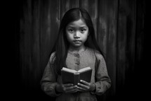 Little girl with a bible in her hands on a dark background. Black and white
