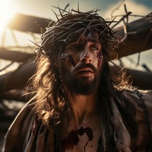 The image portrays Jesus with a crown of thorns, exuding pain and sorrow, highlighted by soft illumination