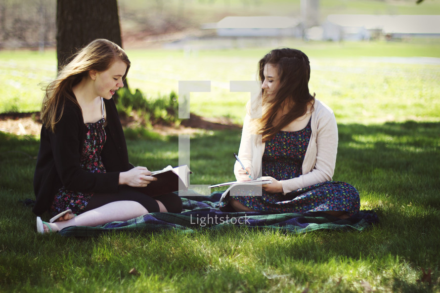 Bible study on a blanket in the grass