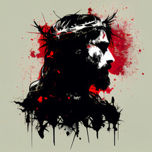 Image of Jesus with crown of thorns in black and red with paint splatter