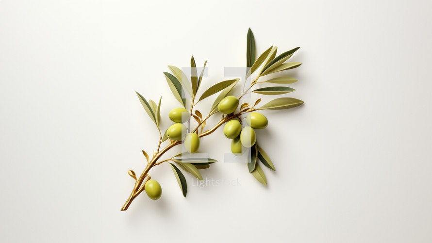 An Olive branch with green olives on it. Set against a white background