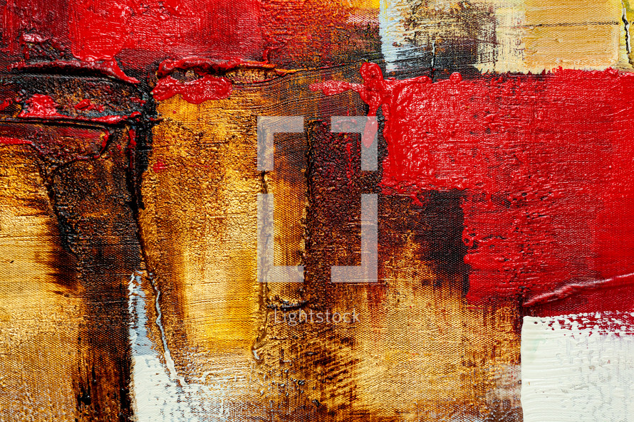 Abstract detail of acrylic paints on canvas. Relief artistic background in gold, red, black and silver color.