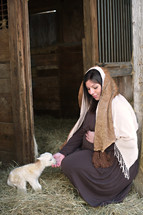 pregnant Mary petting a lamb 
