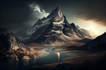 Mountain with water and moody sky