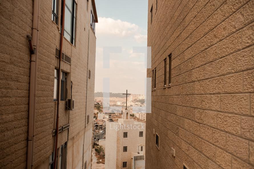 view of a cross on a church roof in Israel 