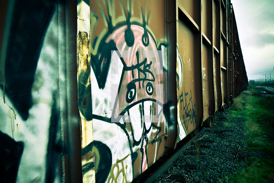 graffiti along the side of railroad box cars