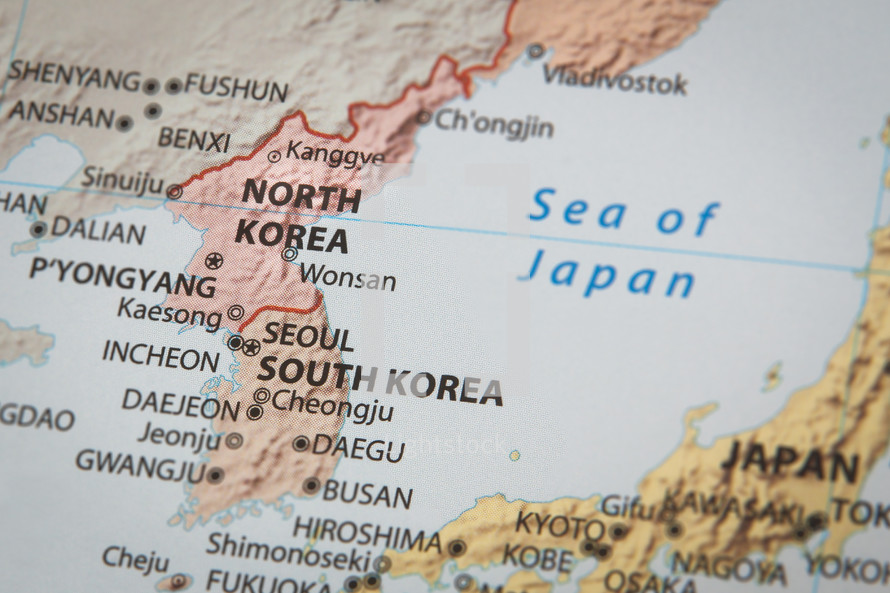 North Korea and South Korea on a map 