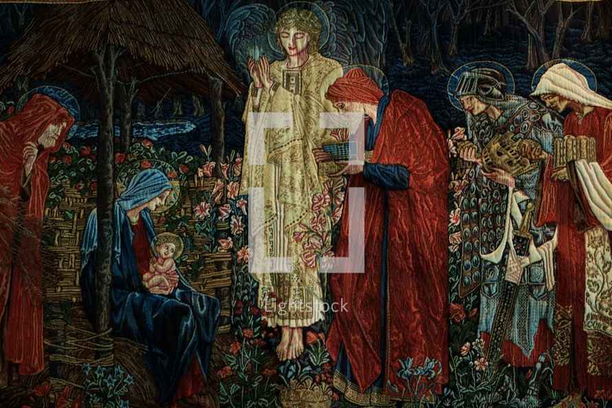 A tapestry of baby Jesus and Mary receiving gifts