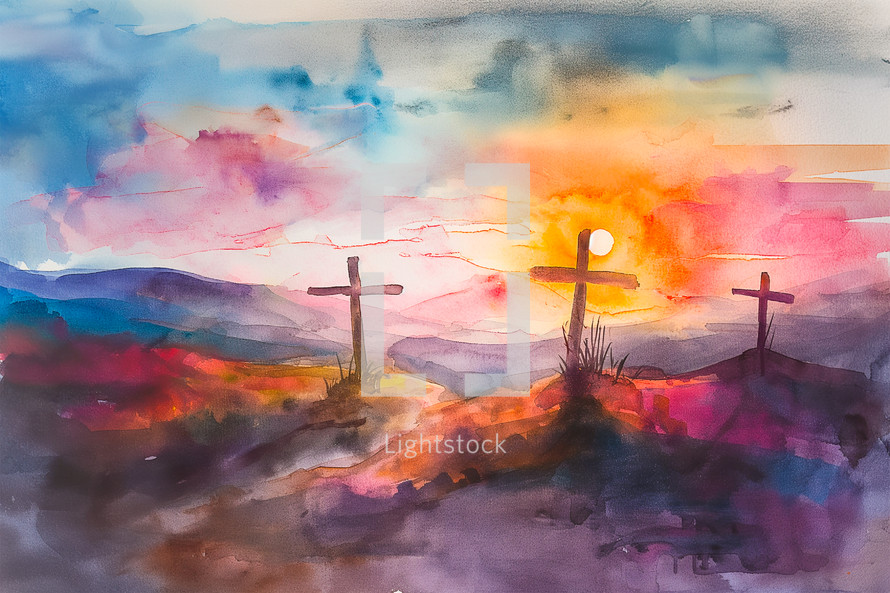 Water color painting of the crucifixion on the hill of Golgotha at Sunset