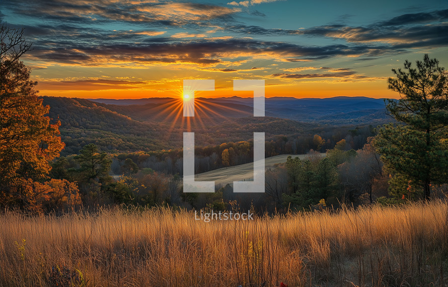 Overlook of the sunset in the Smoky Mountains 