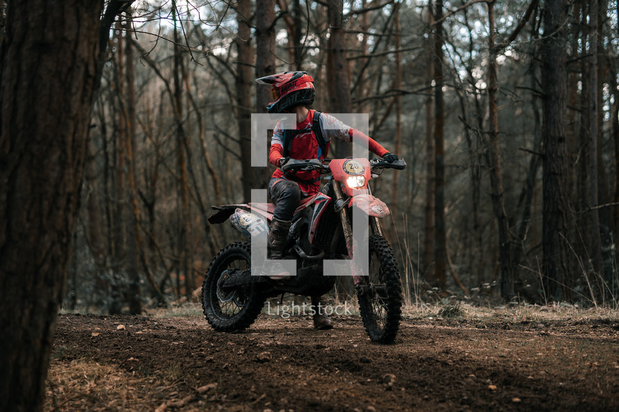 Honda CRF 250 motocross bike, dirt-bike, off-road motorcycle on a woodland trail