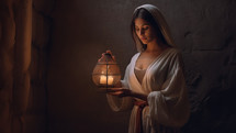 The woman Mary of Magdalene holding a lantern. 