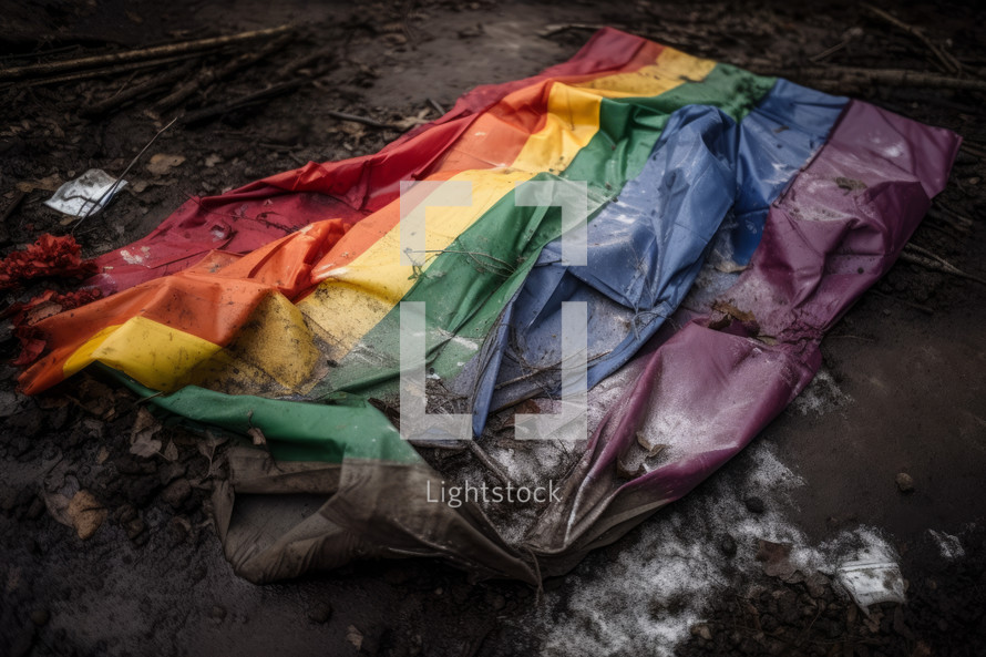 A colorful flag lying on the ground