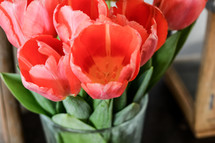 A vase of red tulips.