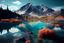 Mountain with small lake and colorful foliage