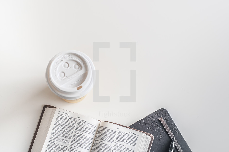 coffee cup, overhead, open Bible, Bible, pages, journal, table, desk
