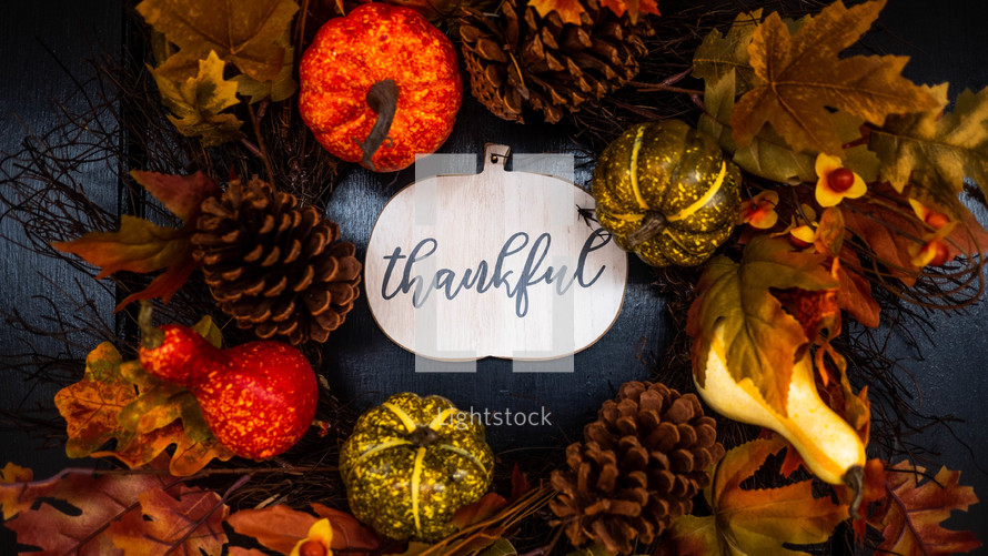 fall leaves, pumpkins, and pine cones with word thankful 