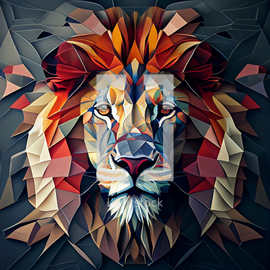 A digital painting of a lion in a geometric pattern