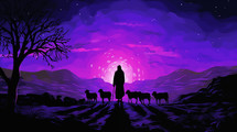 Shepherd with his sheep in the field looking up at the night sky. 