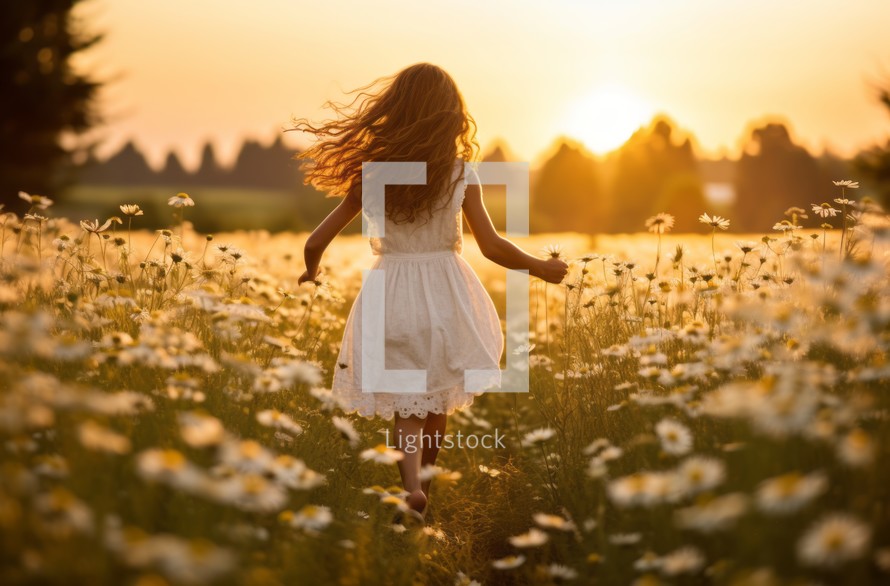 A girl joyfully running through a chamomile field at dawn