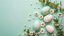 Easter eggs and spring flowers on pastel green background. Flat lay, top view