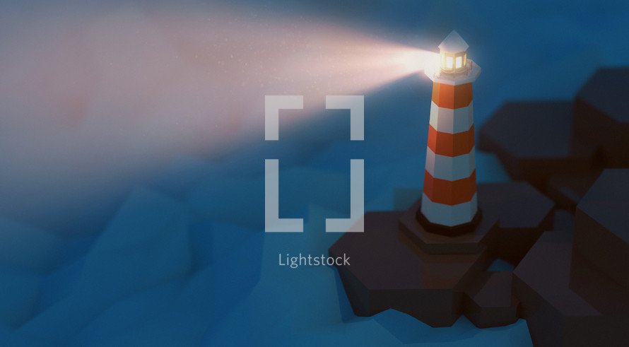 Digital low poly illustration of a lighthouse shining at night.