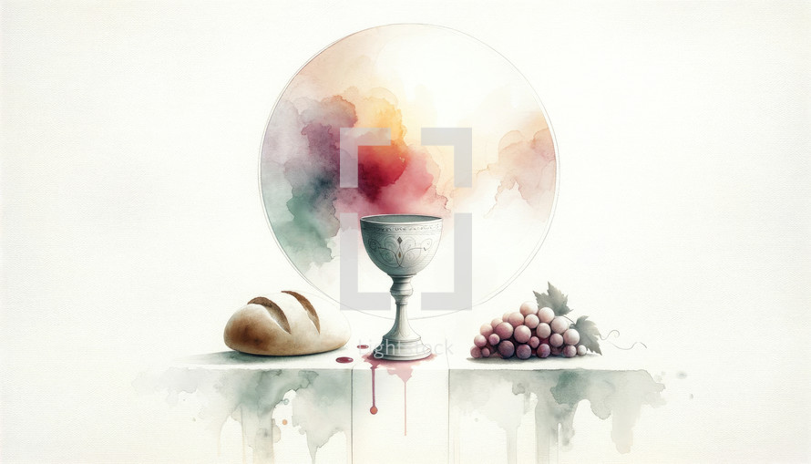 Eucharist. Corpus Christi. Sacred chalice with wine, grapes and bread on white background. Digital watercolor painting.

