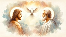 The Holy Trinity: the Father, the Son, and the Holy Spirit. Digital watercolor painting. Close up.

