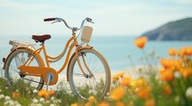 Bicycle in a meadow with flowers and the sea in the background