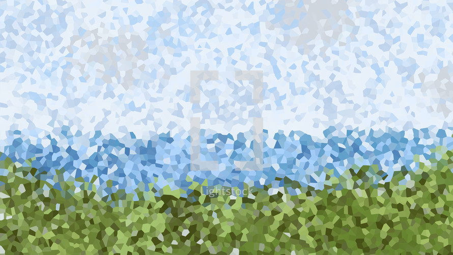 blue, white, and green mosaic abstract landscape 