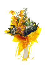 Bouquet of fresh bright yellow orchid on white background.