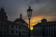 silhouette of a street lamp at sunset 