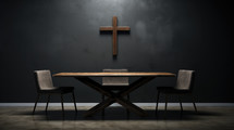 Wooden table and chairs in the room with a cross in the background. Christian home interior