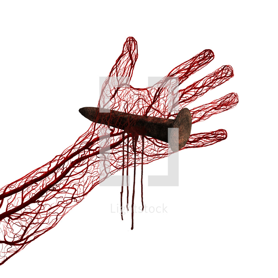 nail through a hand and blood vessels