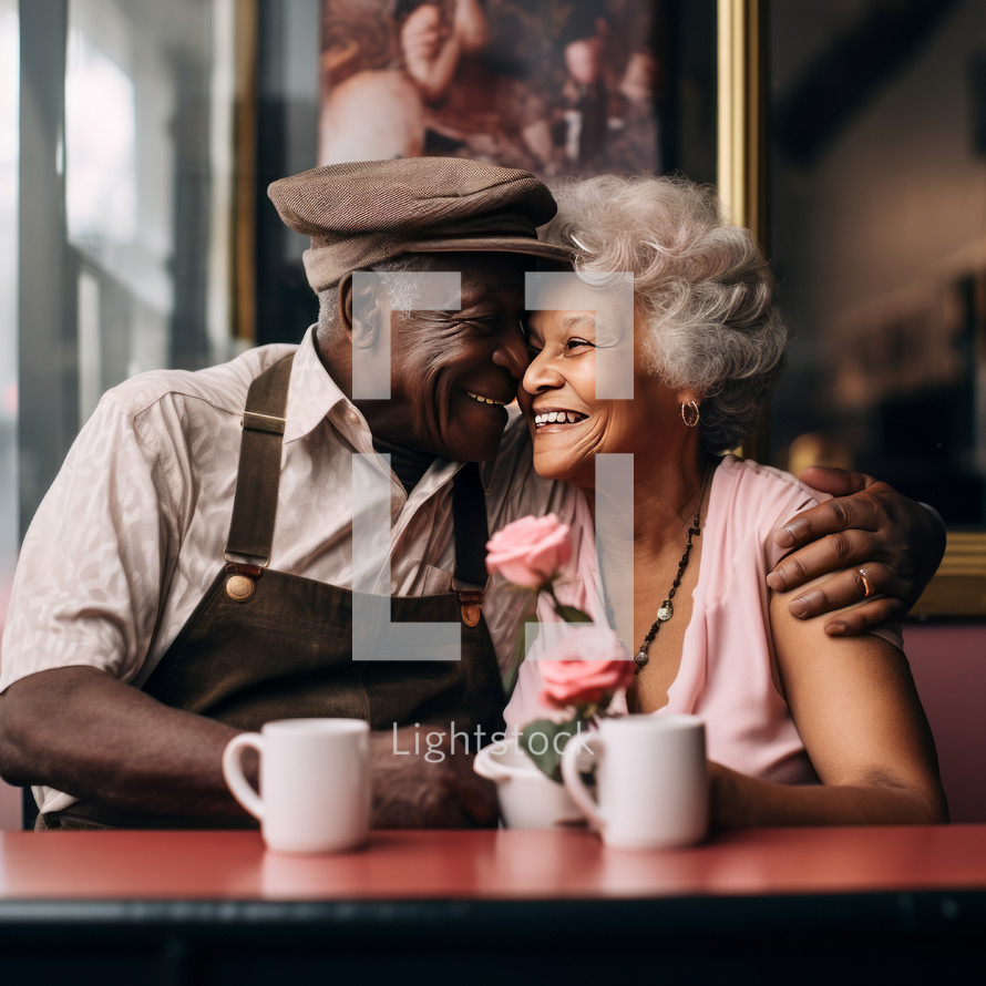 An elderly interracial couple relishing a coffee date in a cozy cafe