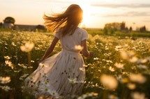 A view from the back as a girl runs through a chamomile field at dawn, encapsulating the beauty of nature and the tranquility of early morning
