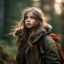 A lost girl in a forest, her appearance disheveled with messy hair and a dirtied look