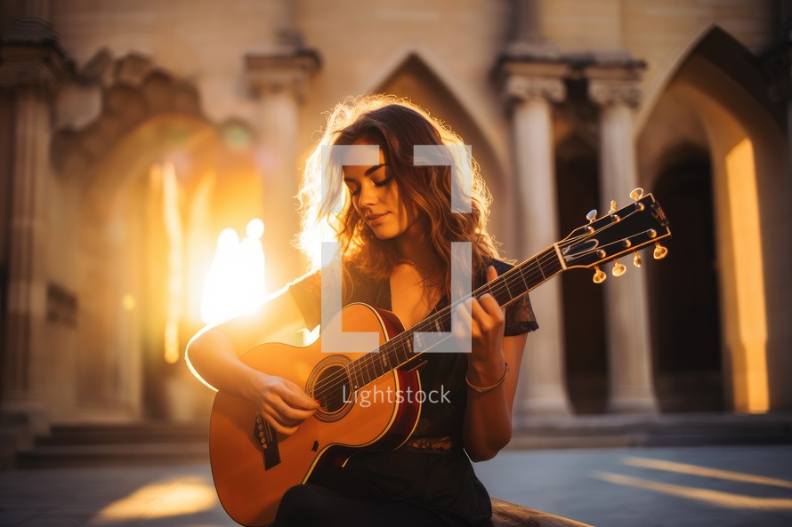 Young woman playing guitar in the city at sunset. Lifestyle concept.