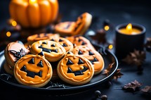 Halloween-themed handmade cookies displayed on a rustic wooden table