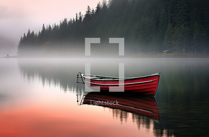 A red boat on a foggy morning lake with majestic mountains in the background, creating a serene and picturesque setting
