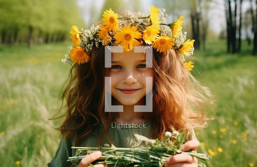 An 8-year-old girl with dandelions in her hair crafting a wreath while sitting in a field, capturing a serene and imaginative moment