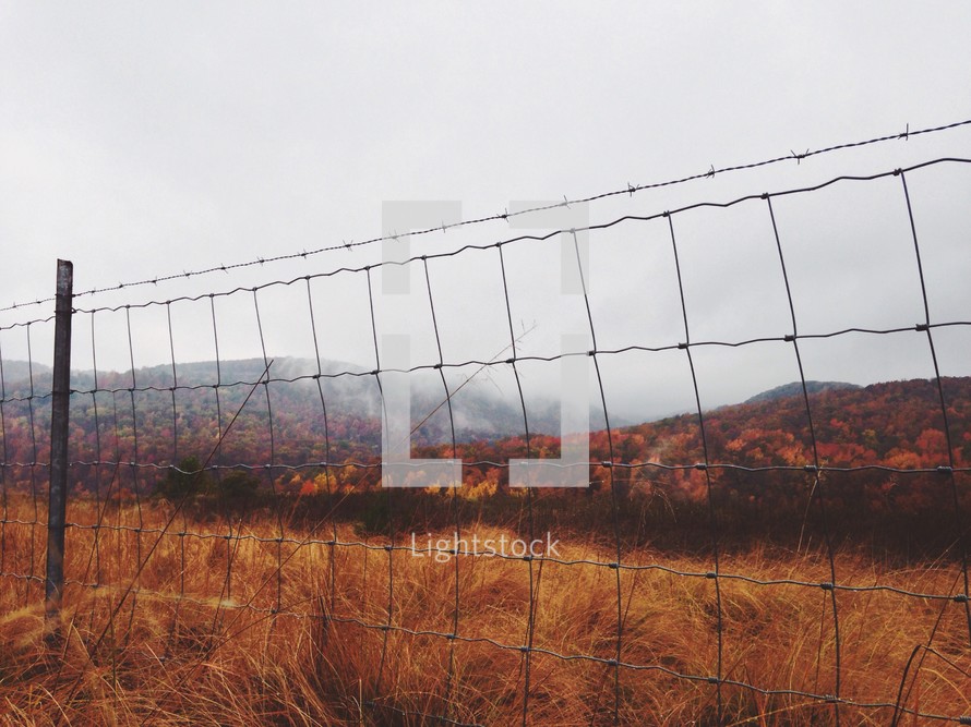 Fall foliage on the mountains seen through a barbed wire fence.