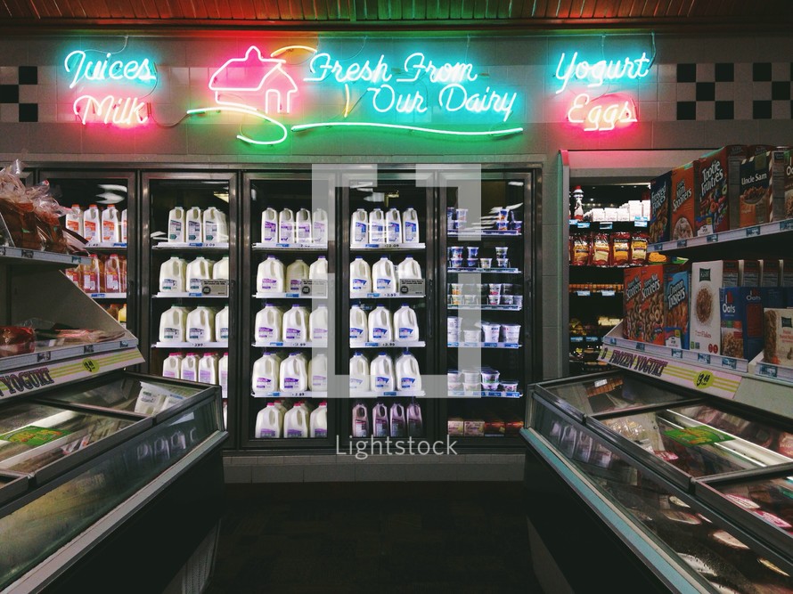 Refrigerated section of a convenience store.