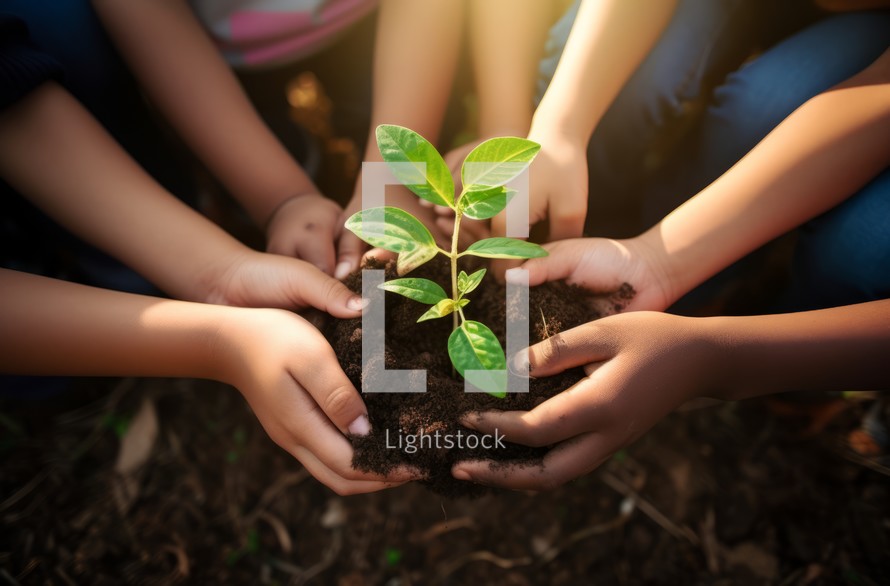 Children of various races planting plants together, their hands united in a heartwarming scene