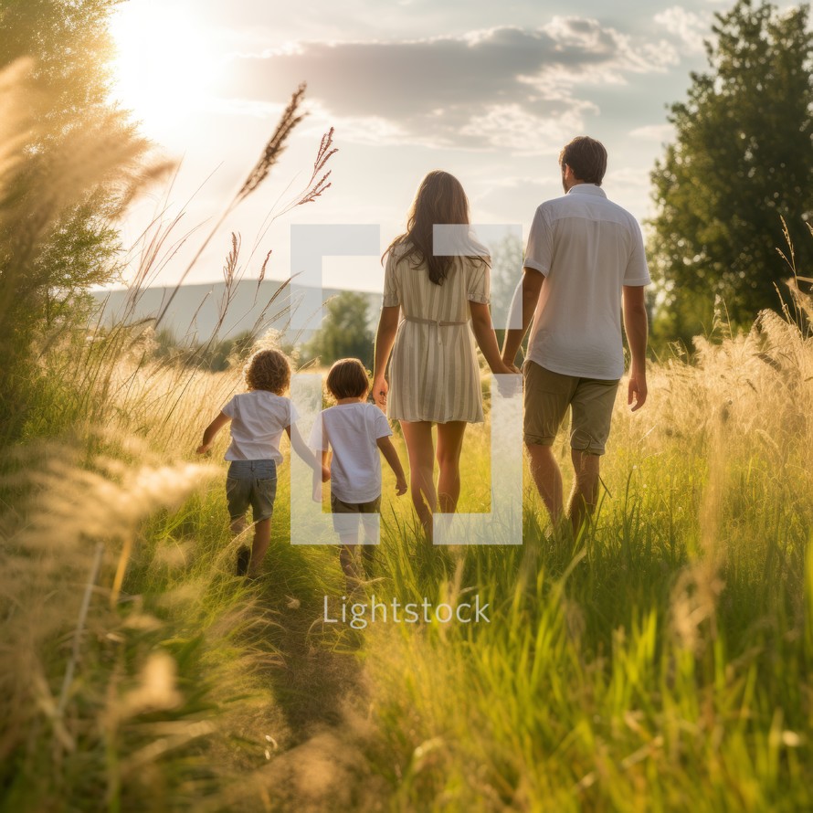 A family of four walking through tall grass in a sunny field, enjoying a peaceful and bonding moment together
