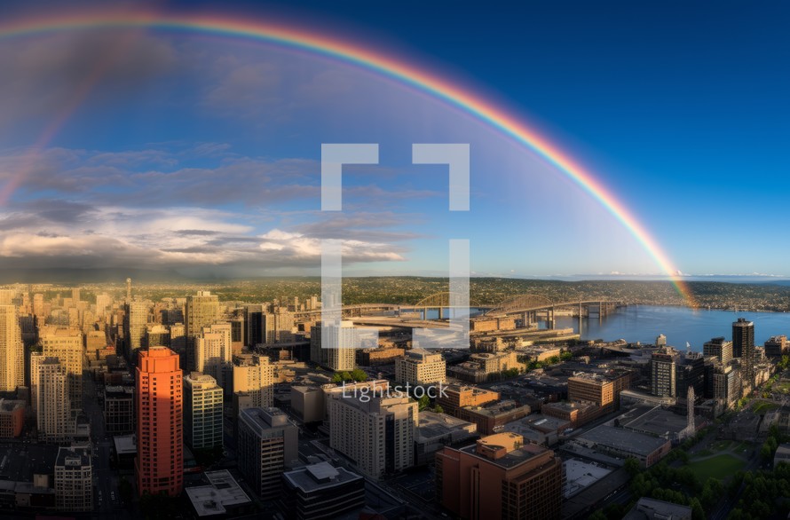 A rainbow stretching across a bustling cityscape, creating a stunning and colorful contrast against the urban backdrop