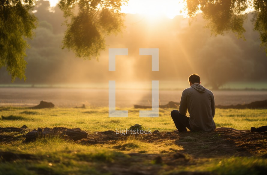 A man in prayer on a field at sunrise, bathed in dappled light, celebrating the beauty of nature. The view is from behind